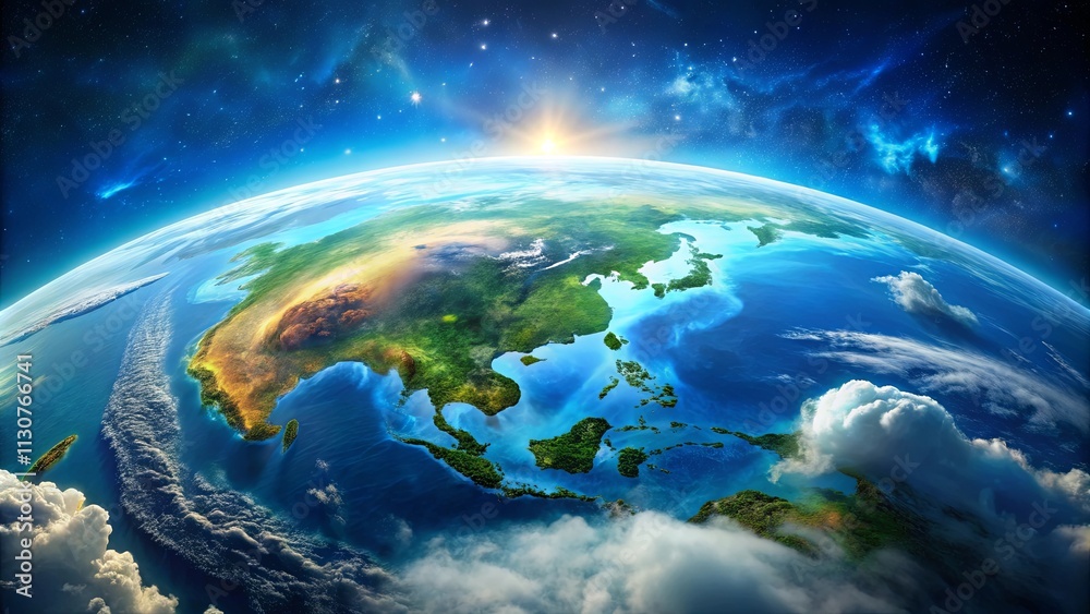Fototapeta premium A Stunning View of the Earth's Surface from Space, Showing the Asian Continent and Surrounding Oceans