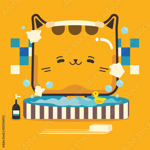 Cute Big Head Cat taking a bath with bubble, shampoo, water, and yellow duck toy