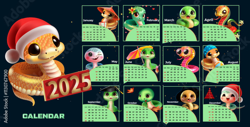 2025 calendar with cute cartoon snakes