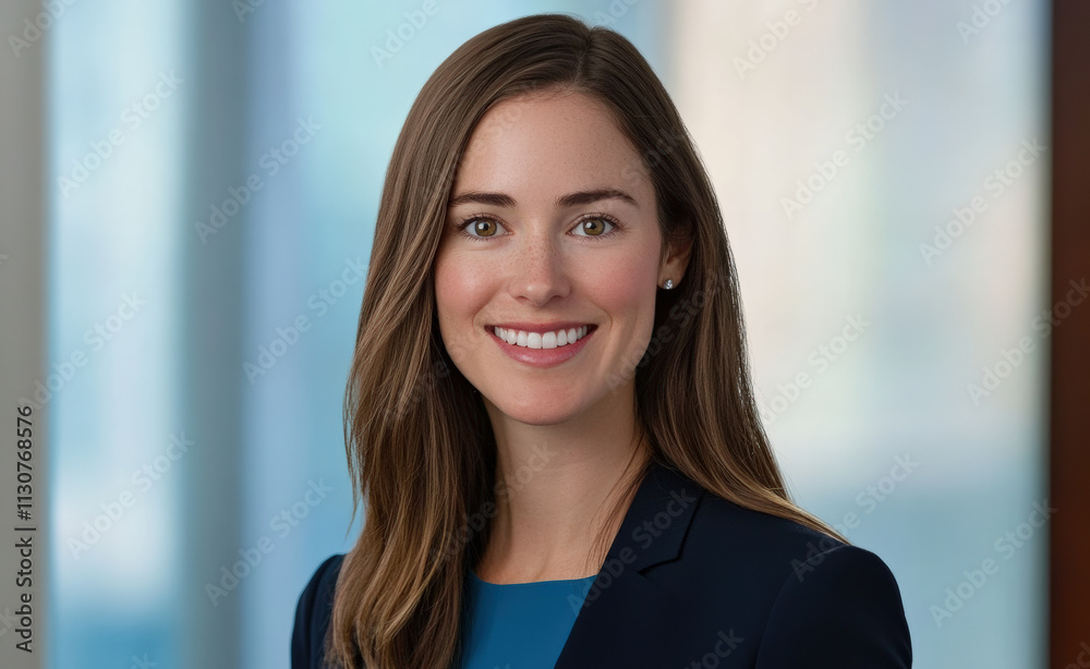 Fototapeta premium Smiling businesswoman in a dark blazer and blue top, portrait in a modern office setting.