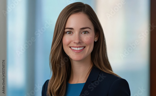 Smiling businesswoman in a dark blazer and blue top, portrait in a modern office setting.