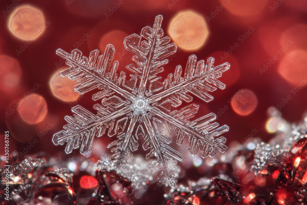 Fototapeta premium Snowflake decoration on red tinsel with a warm red and gold bokeh background, festive and elegant.