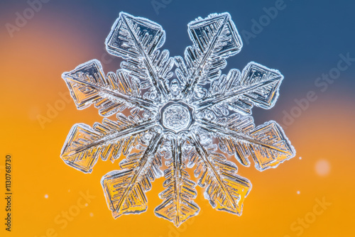 Detailed snowflake crystal against a gradient orange and blue background, showcasing winter beauty.