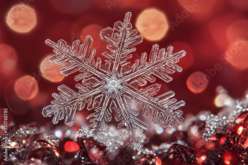 Snowflake decoration on red tinsel with a warm red and gold bokeh background, festive and elegant.