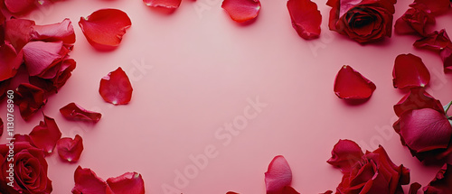 Red rose petals and roses arranged around a pink background with empty center space.