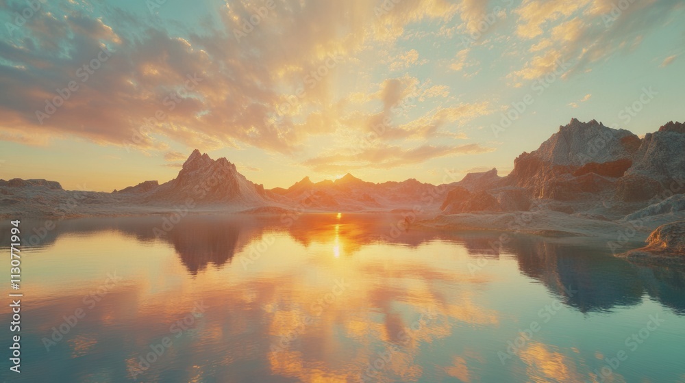 Fototapeta premium Serene Sunset Landscape: Majestic Mountains Mirrored in Calm Lake Waters