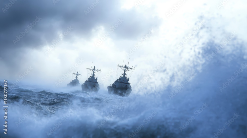 Obraz premium Navy Ships in Stormy Seas Dramatic Ocean Scene