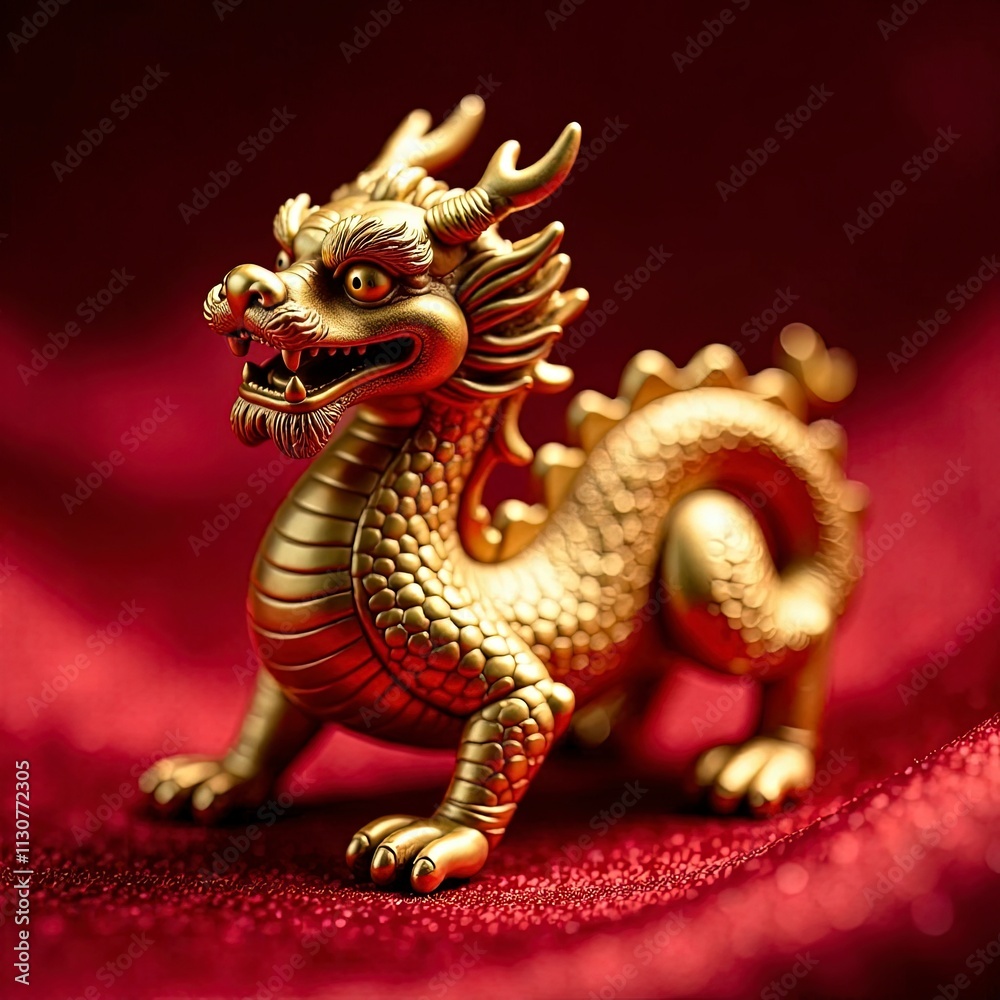 Fototapeta premium A close-up of a Chinese Zodiac animal figurine, such as the dragon, with intricate carvings and golden accents, placed on a red silk cloth under soft diffused lighting for a luxurious