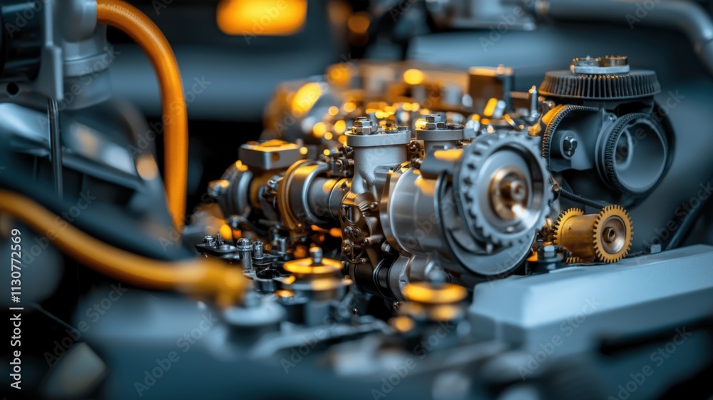 Obraz premium Mechanic repair and engine concept. Detailed close-up of an engine mechanism showcasing intricate components and vibrant orange wiring against a dark backdrop.