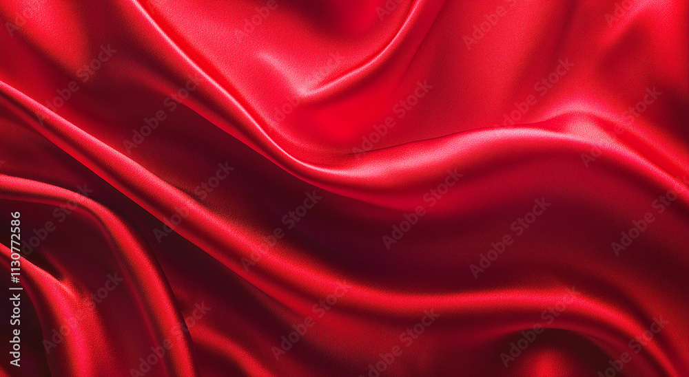 Obraz premium Top view red silk satin fabric background with wavy folds. Valentine's Day or Christmas background texture for design of greeting cards, postcards, fashion, or jewelry products. 