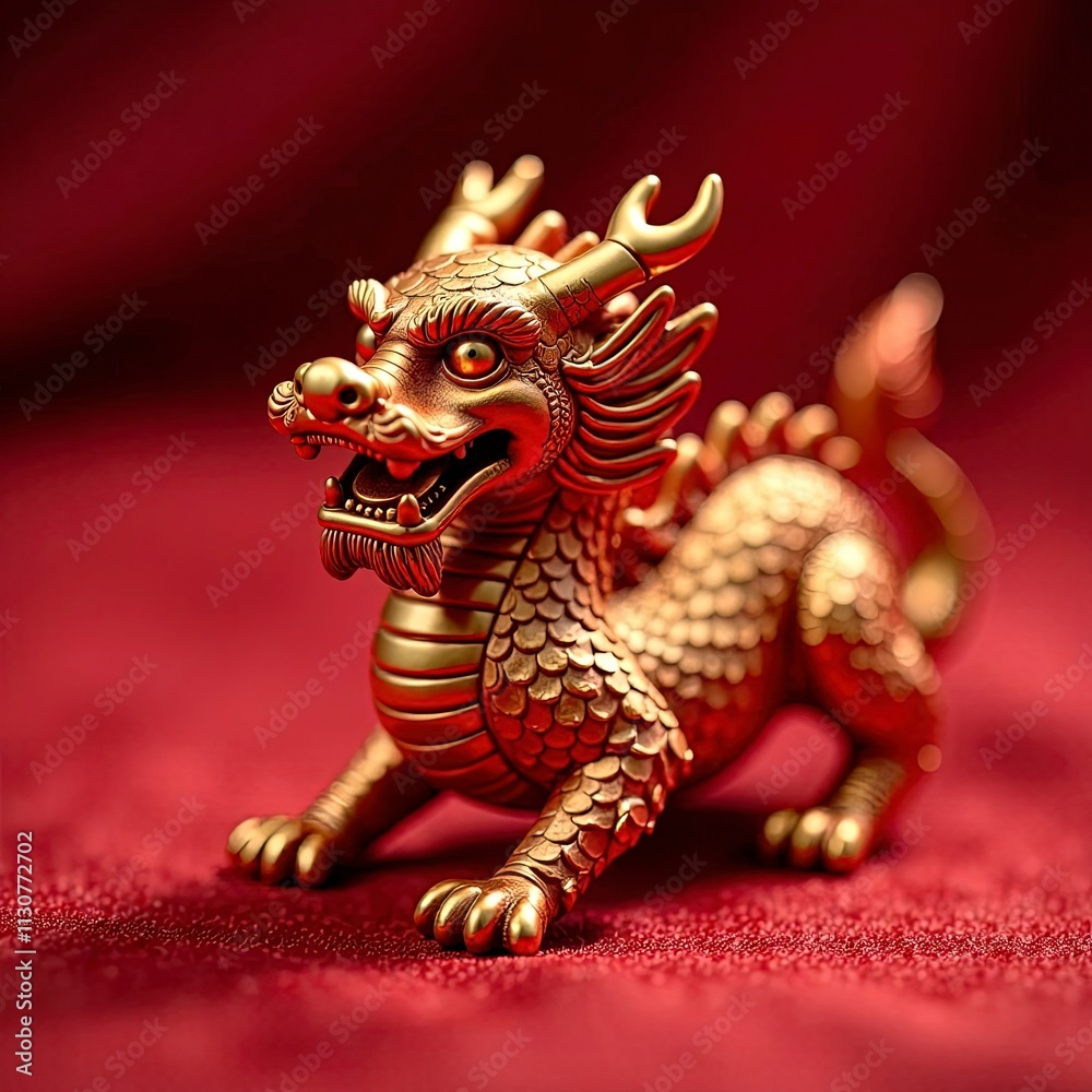 Fototapeta premium A close-up of a Chinese Zodiac animal figurine, such as the dragon, with intricate carvings and golden accents, placed on a red silk cloth under soft diffused lighting for a luxurious