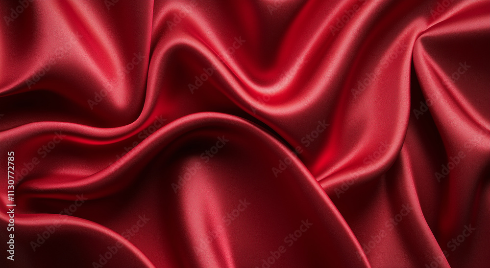 Obraz premium Top view burgundy silk satin fabric background with wavy folds. Valentine's Day or Christmas background texture for design of greeting cards, postcards, fashion, or jewelry products. 