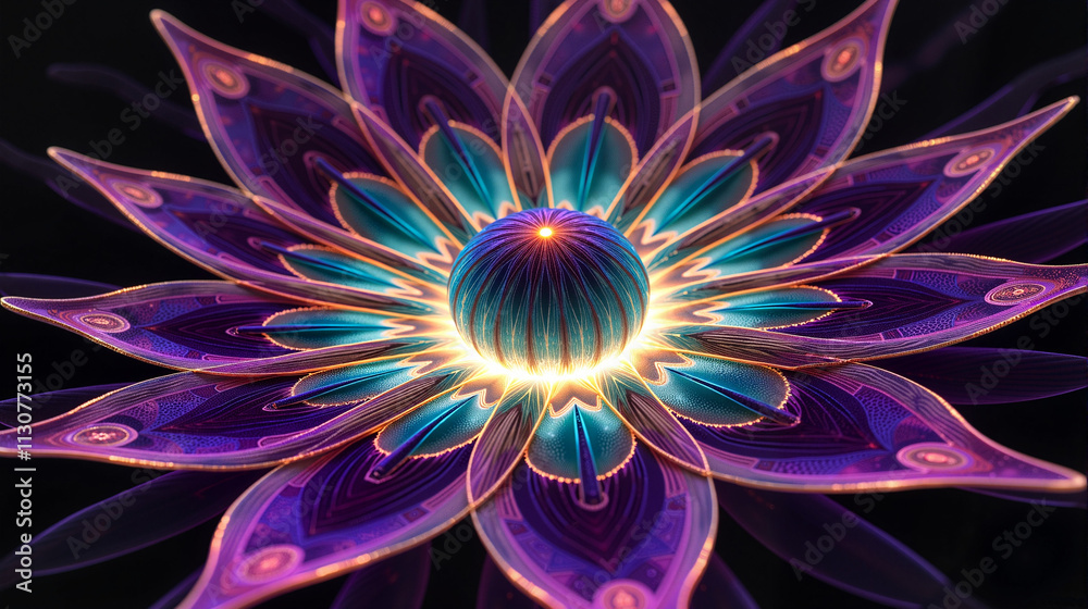 Fototapeta premium Vibrant glowing fractal lotus flower on black background