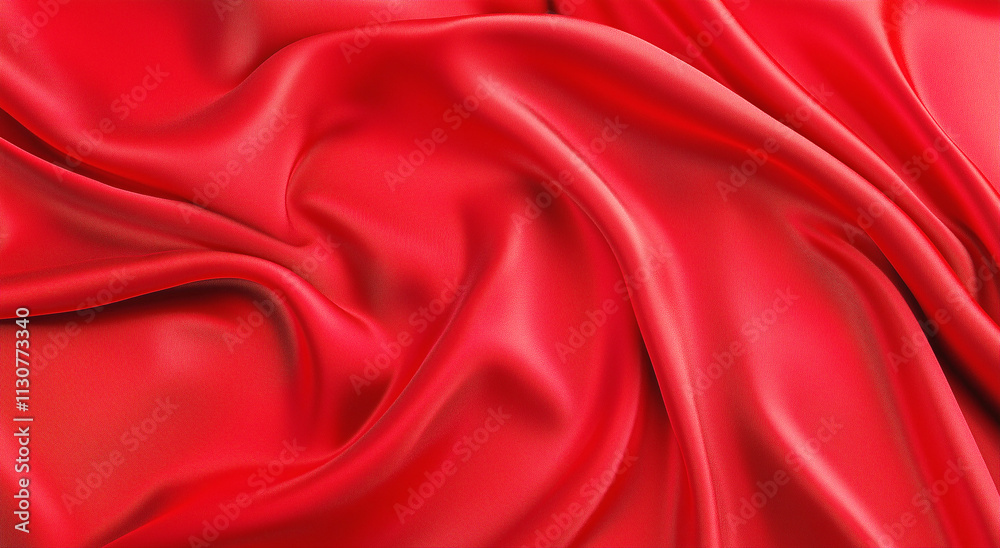 Obraz premium Top view red silk satin fabric background with wavy folds. Valentine's Day or Christmas background texture for design of greeting cards, postcards, fashion, or jewelry products. 
