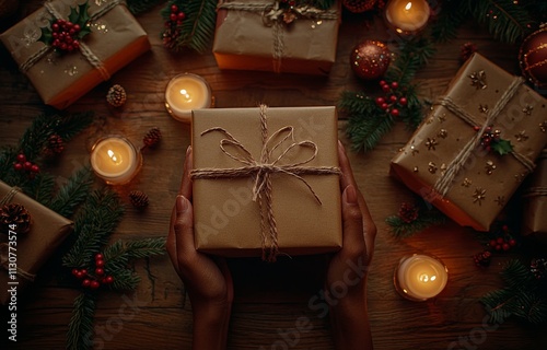 Hands cradling a gift wrapped for the holidays, with decorations and other presents creating a snug and festive scene.