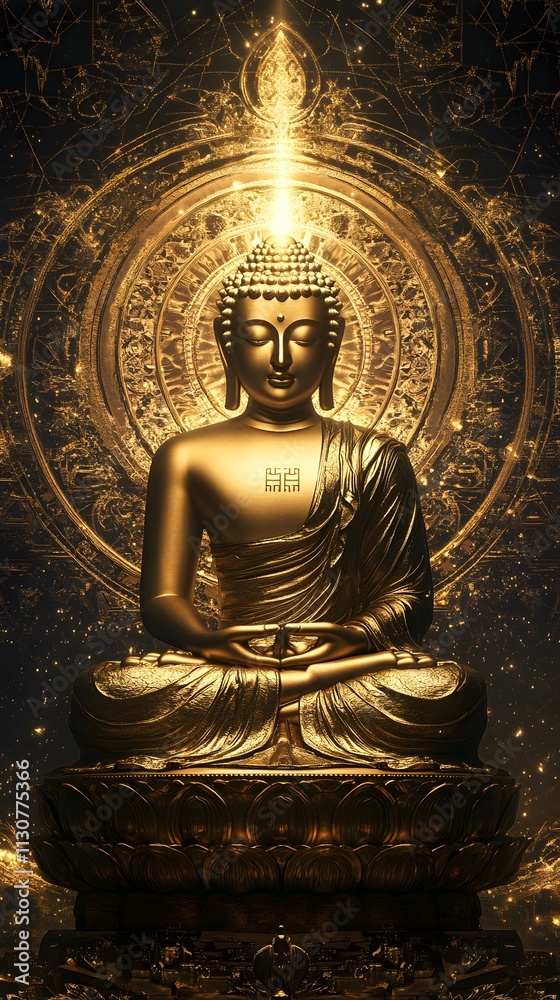 Fototapeta premium A golden Buddha statue is located in the center of an ancient Indian room, radiating light from behind it.