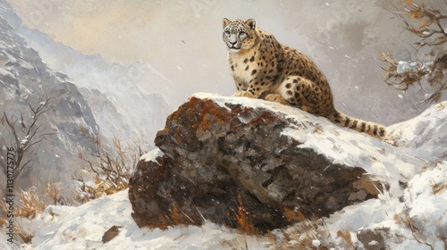 A snow leopard perched atop a large rock, its fur almost indistinguishable from the surrounding snow and stone.