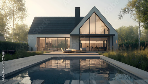 Modern house with large windows and terrace, swimming pool in front of the villa, front view. 
