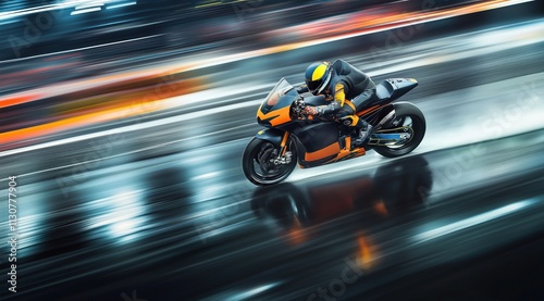 Compétition de course de moto avec un pilote roulant sur un circuit à toute vitesse sur une moto aux couleurs rouge, orange, jaune et bleu, la nuit, sous la pluie.