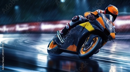 Compétition de course de moto avec un pilote roulant sur un circuit à toute vitesse sur une moto aux couleurs rouge, orange, jaune et bleu, la nuit, sous la pluie.