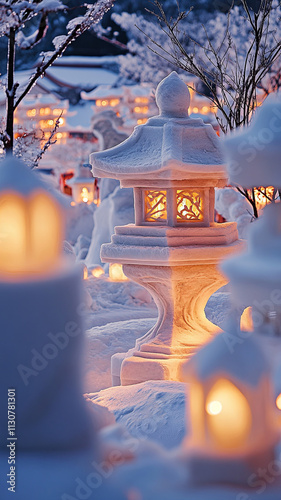 Traditional Japanese lanterns glowing amid snow, creating serene atmosphere