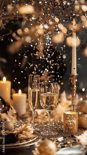 Elegant Golden and Silver Confetti Over Party Table Decor, Party Confetti Explosion, New Year's day, New Year's Eve 