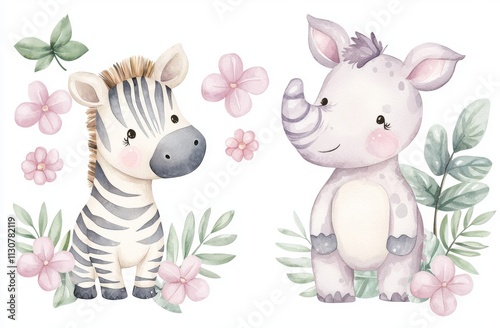 A cartoon watercolor zebra and rhinoceros for babies, featuring a cute tropical floral design. Jungle and safari animals, perfect for a baby shower with a childish theme, including tropical flowers photo