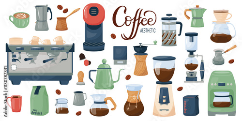 Aesthetic coffee set featuring variety of items. Brewing equipment: coffee machine, french press, grinder, cezve, moka. Cups and mugs. Flat vector illustrations collection for menu, cafe, coffee shop