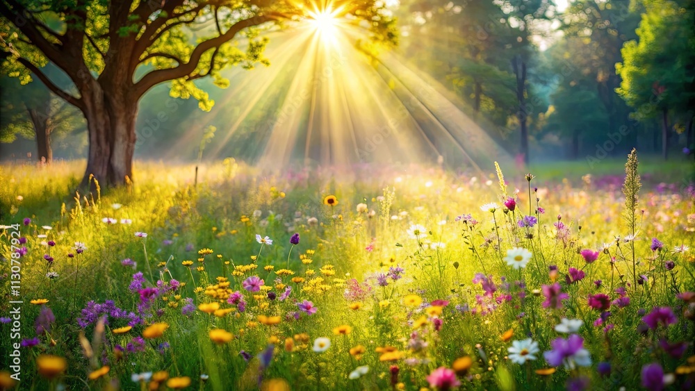 Obraz premium Serene Sunrise Illuminates Vibrant Wildflower Meadow with Majestic Tree