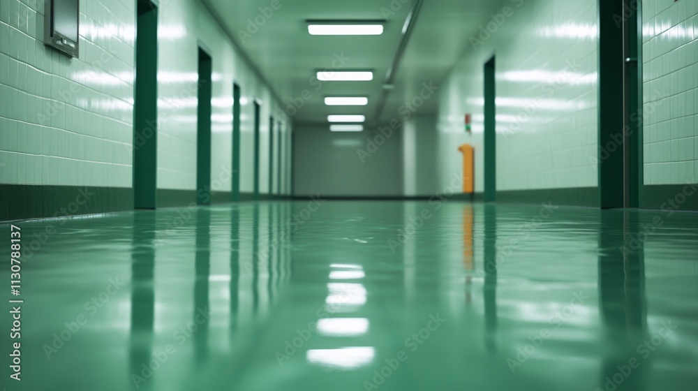 Obraz premium Long, empty corridor with green floor and walls, featuring evenly spaced doors and ceiling lights.