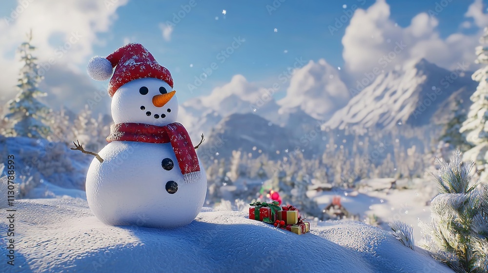 Obraz premium Cheerful snowman in a winter landscape with festive decorations