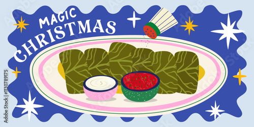 Ukrainian national dishes for the Christmas table. Ancient ceramic dishes. Vector flat holubtsi with sour cream and lecho and pampushki with powder