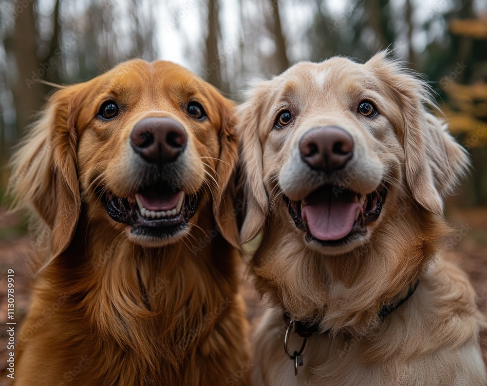 Obraz premium Two dogs are smiling and looking at the camera
