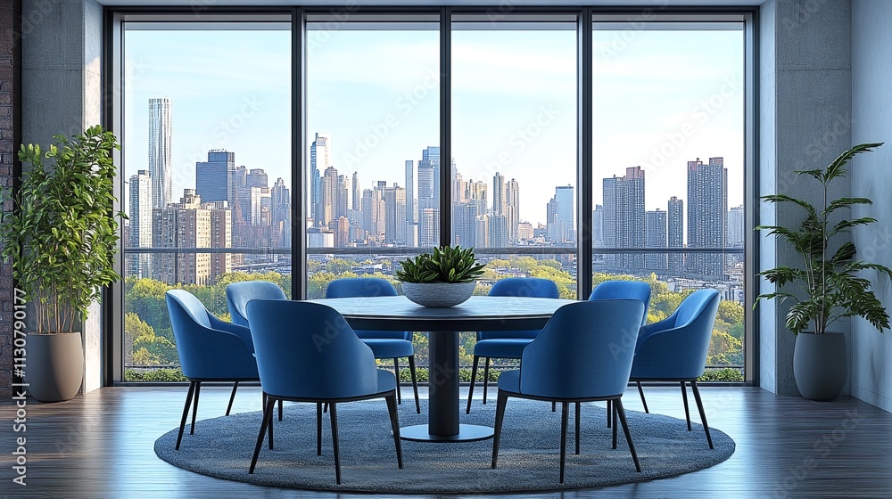 Obraz premium Contemporary City Skyline: Modern Meeting Space with Urban Views