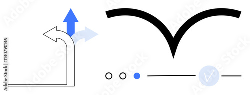 Blue and grey arrows pointing up, black V-shape, circles, line and check mark. Ideal for business strategy, growth, choices, progress abstract art design thinking navigation. Line metaphor