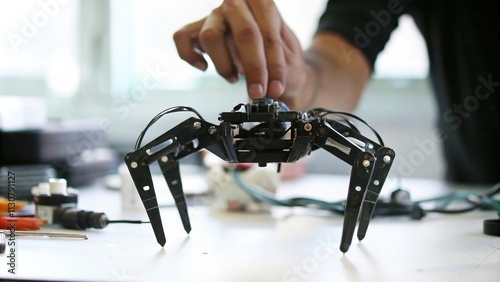 A hexapod robot delicately sways while assembling delicate electronic devices showcasing high dexterity in a confined environment.