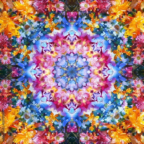 Vibrant and brightly colored kaleidoscope background created from orange, blue, pink, yellow and red flowers.
