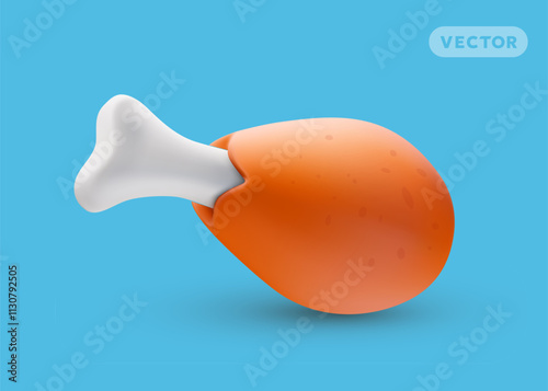 Vector illustration of realistic roast crispy turkey drumstick with shadow on blue color background. 3d style cartoon design of fried chicken leg with bone. Meat fast food