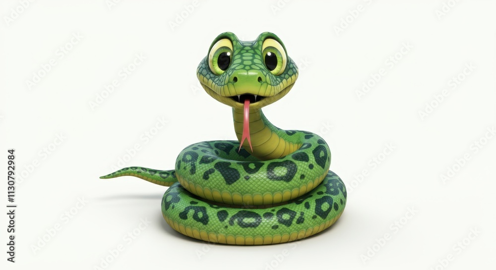 A cartoon snake with a cheerful expression, featuring bright green scales adorned with dark green spots. A cartoon snake with a cheerful expression, featuring bright green scales adorned with dark green spots.
