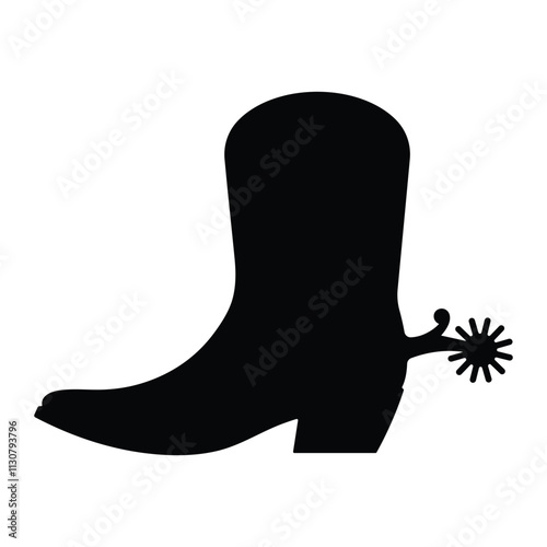 Cowboy boot with spur vector icon. Western footwear, rodeo gear, and equestrian equipment symbol. Black silhouette isolated on white background.