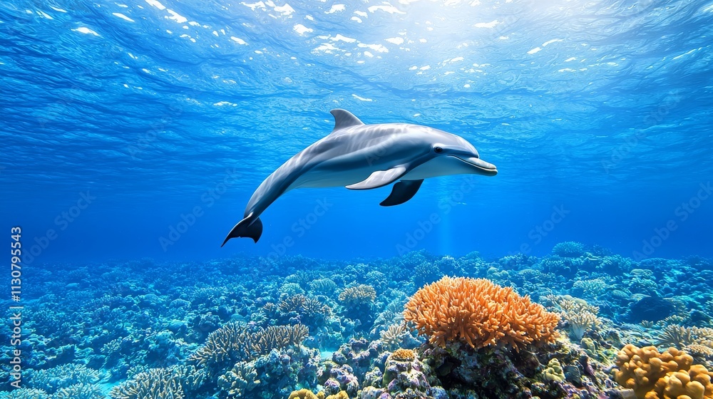 Obraz premium Swimming amidst coral reefs, a dolphin explores the lively marine ecosystem of the tropical ocean's underwater realm.