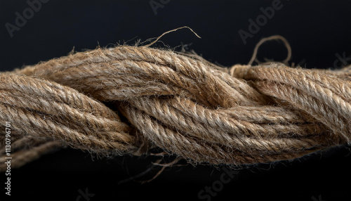 Twisted linen rope on black background. Jute rope. photo