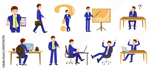 An office worker at the workplace. A set of vector illustrations with a cartoon character in the office for animation. An office worker. All the details of the characters on separate layers, the joint