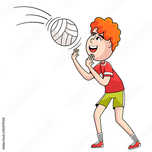 Little redhead boy playing volleyball and attempting to hit the ball