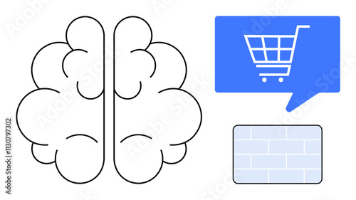 Brain outline signifying cognition, a speech bubble with a shopping cart symbolizing online shopping, and a brick wall. Ideal for e-commerce trends, consumer behavior, digital marketing, psychology