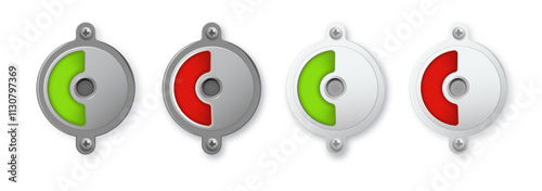 Toilet or restroom locks green and red round metal isolated on white. Occupied and Free. Regular public restroom door mechanism indicating. Vector