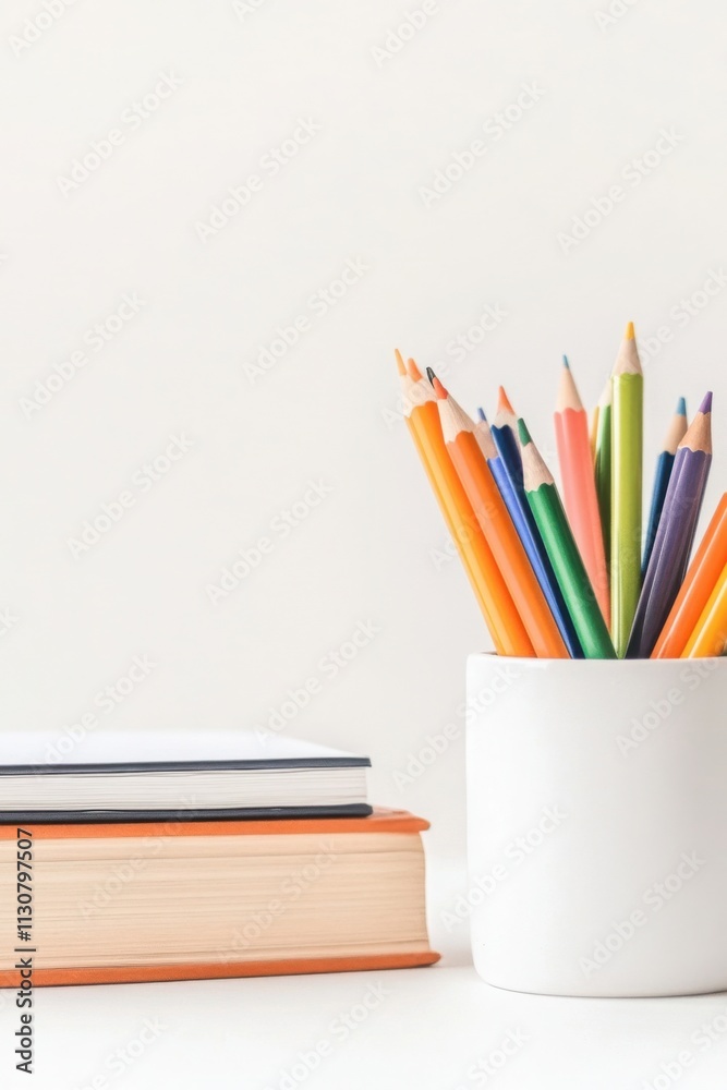 Fototapeta premium Vibrant colored pencils stand in a white cup beside stacked books, ready for creative work or studying