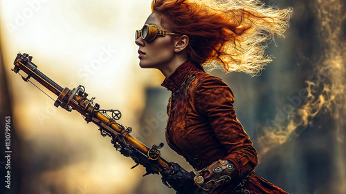 Steampunk woman running with futuristic weapon in industrial setting