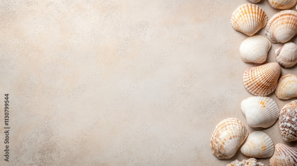 Obraz premium A serene arrangement of various seashells on a light, textured background, perfect for beach-themed designs, travel brochures, or nature-related content