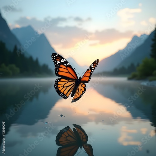 beautiful landscape photograph of a butterfly flying over a body of water. The butterfly is in the center of the image, with its wings spread wide and its body facing towards the right side of the fra photo